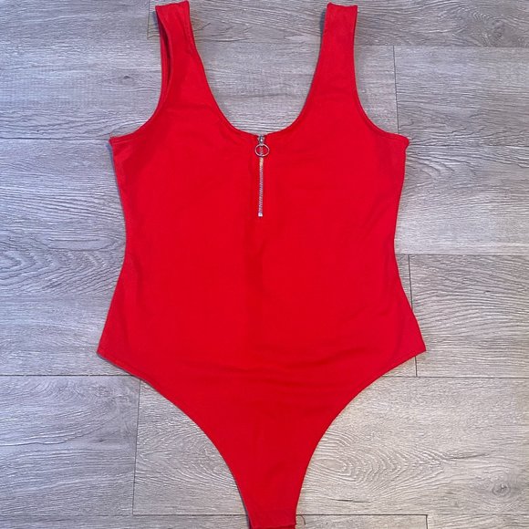 Red Quarter Zip Bodysuit - Picture 2 of 4